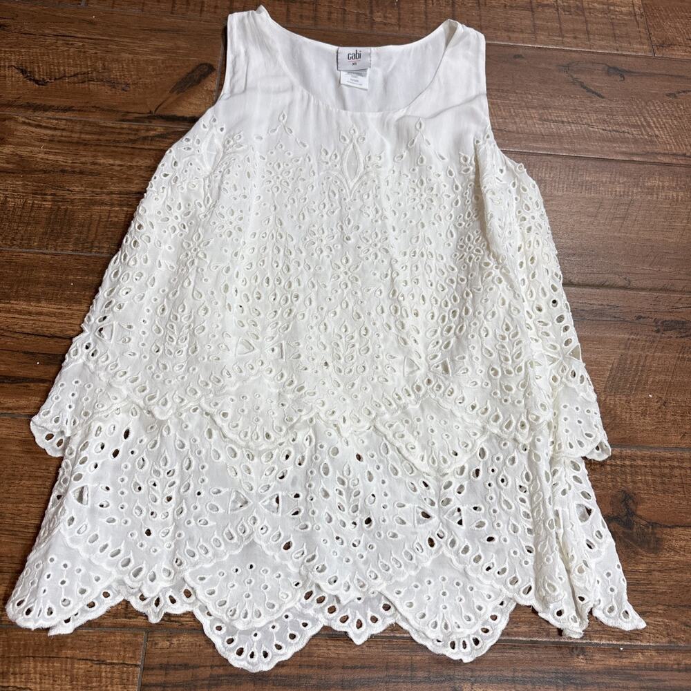 CAbi 5723 Frolic Tank Sz XS White Eyelet Lace Sleeveless Layered Summer Top